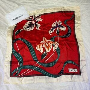 Gucci Red and Cream Silk Scarf with Floral Design